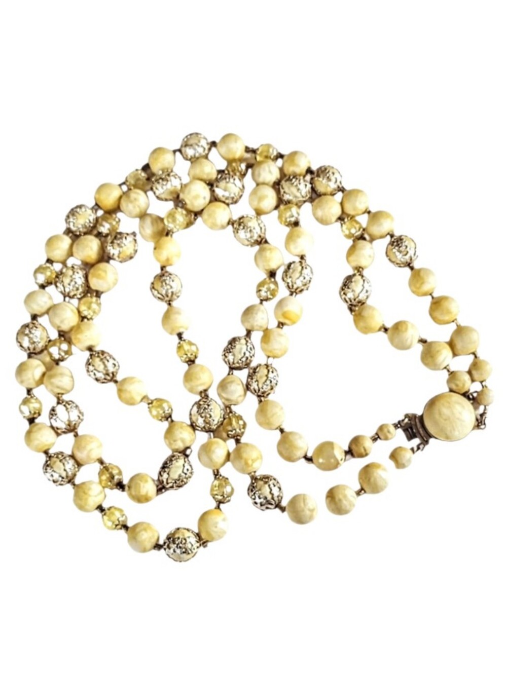 🌕 Vintage 2 Strand Yellow Crystal Filigree Bead Layered Necklace